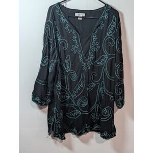 CJ Banks Size 3X Black Turquoise Embroidered Boho Artsy Tunic Blouse Shirt Top
